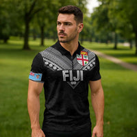 Custom Rugby Fiji Zipper Polo Shirt Fijian Masi Tribal Sporty Style Black Color - Polynesian Pride
