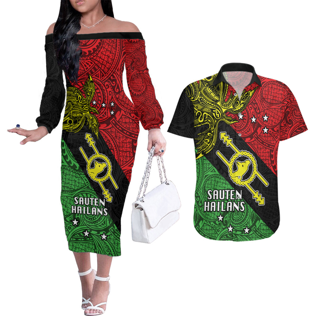 Papua New Guinea Southern Highlands Province Couples Matching Off The Shoulder Long Sleeve Dress and Hawaiian Shirt PNG Birds Of Paradise Polynesian Arty Style LT03 Black - Polynesian Pride