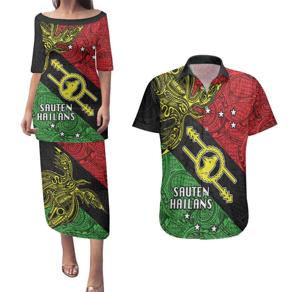 Papua New Guinea Southern Highlands Province Couples Matching Puletasi Dress and Hawaiian Shirt PNG Birds Of Paradise Polynesian Arty Style LT03 Black - Polynesian Pride