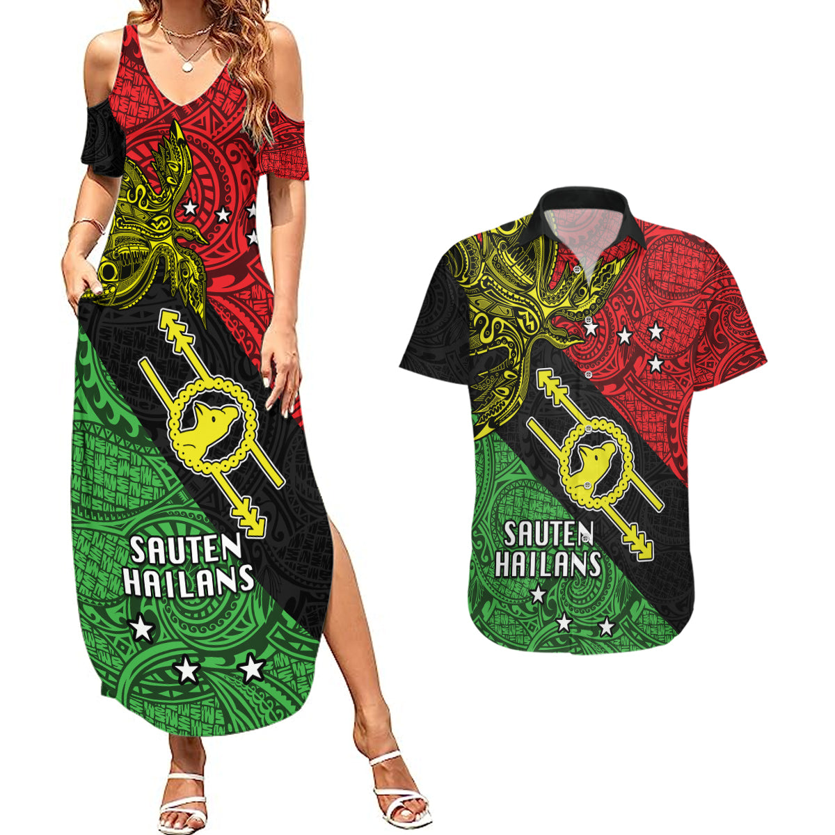 Papua New Guinea Southern Highlands Province Couples Matching Summer Maxi Dress and Hawaiian Shirt PNG Birds Of Paradise Polynesian Arty Style LT03 Black - Polynesian Pride