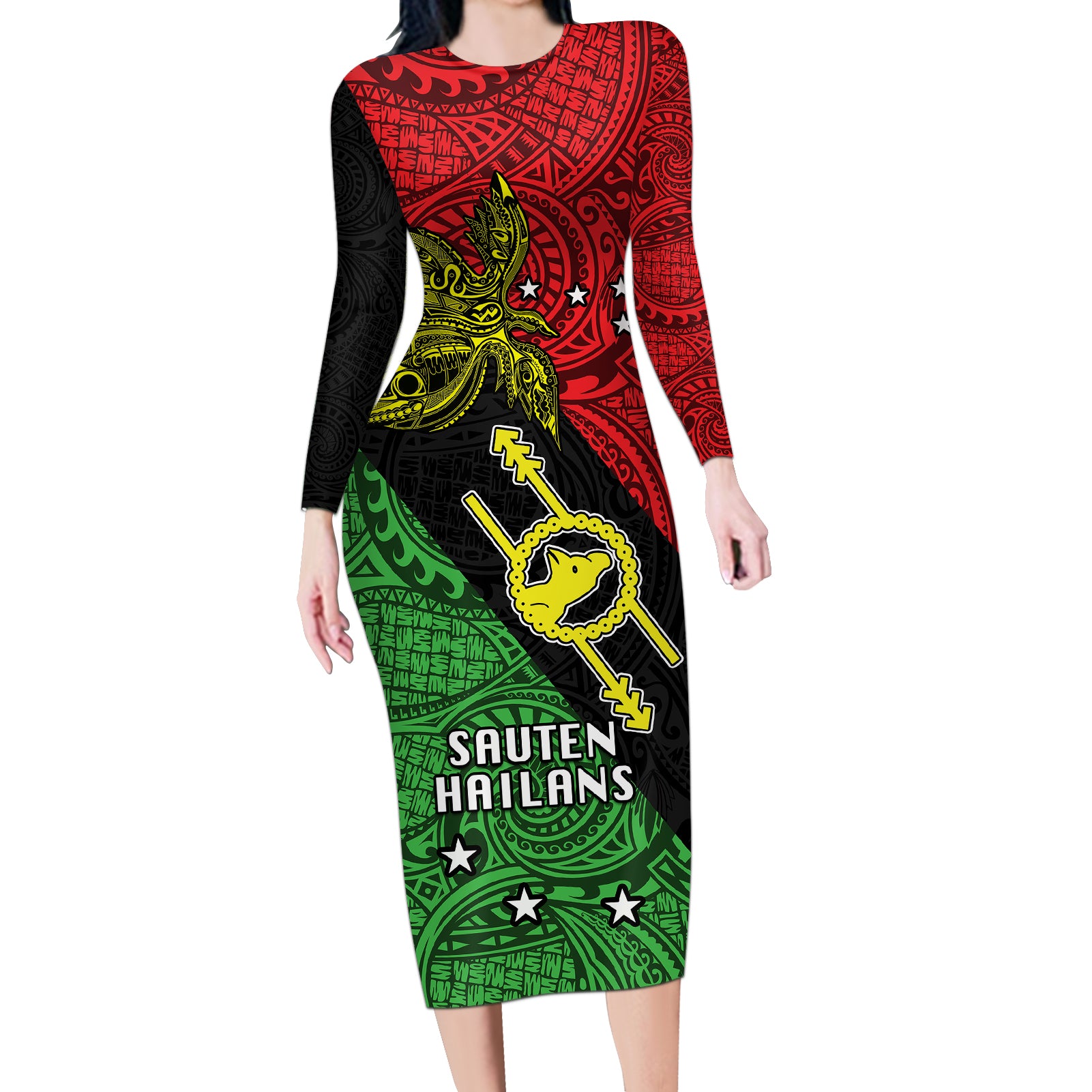 Papua New Guinea Southern Highlands Province Long Sleeve Bodycon Dress PNG Birds Of Paradise Polynesian Arty Style LT03 Long Dress Black - Polynesian Pride