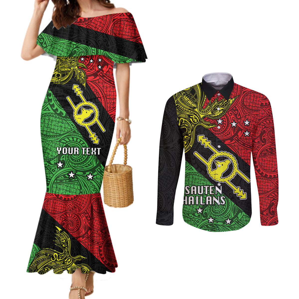 Personalised Papua New Guinea Southern Highlands Province Couples Matching Mermaid Dress and Long Sleeve Button Shirts PNG Birds Of Paradise Polynesian Arty Style LT03 Black - Polynesian Pride