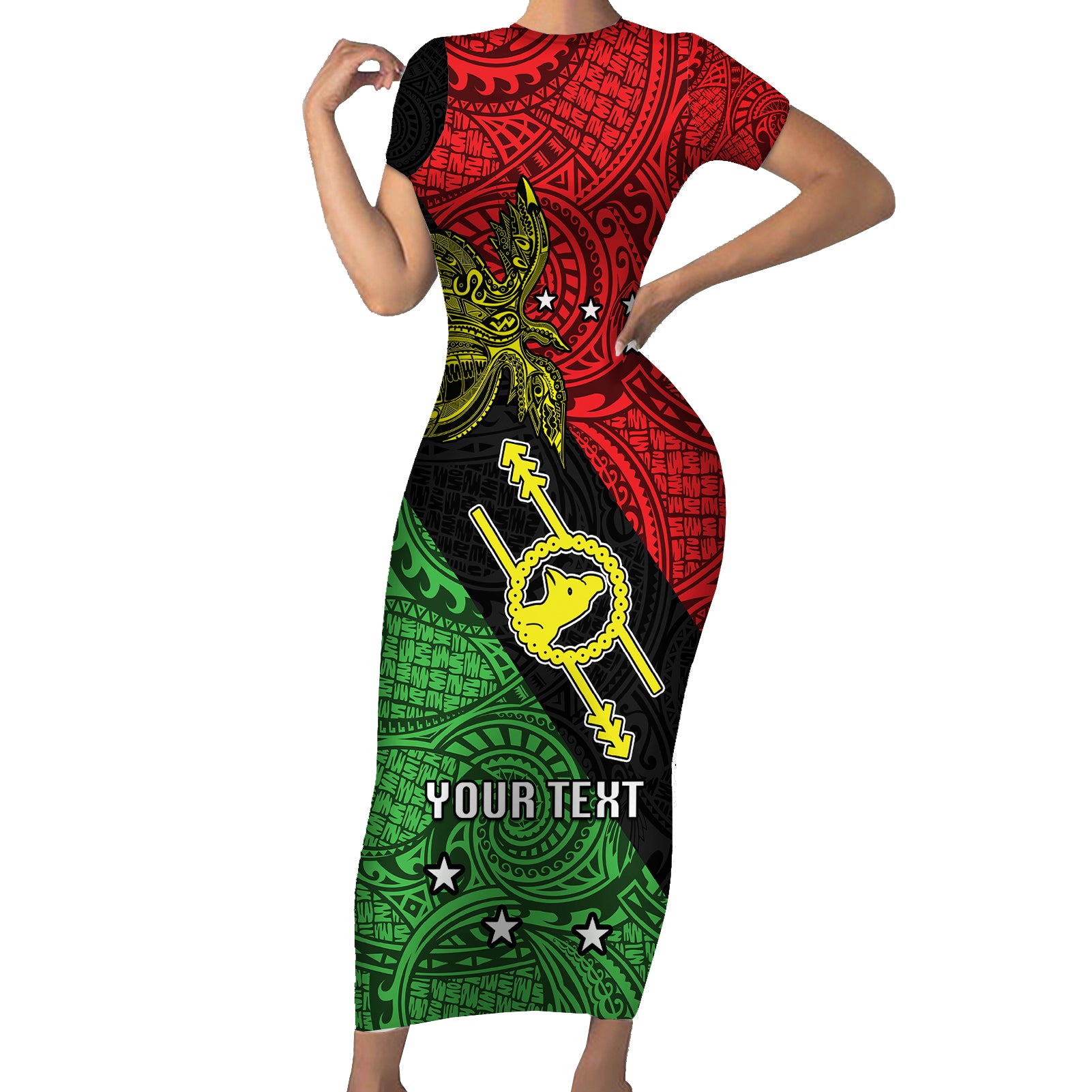 Personalised Papua New Guinea Southern Highlands Province Short Sleeve Bodycon Dress PNG Birds Of Paradise Polynesian Arty Style LT03 Long Dress Black - Polynesian Pride