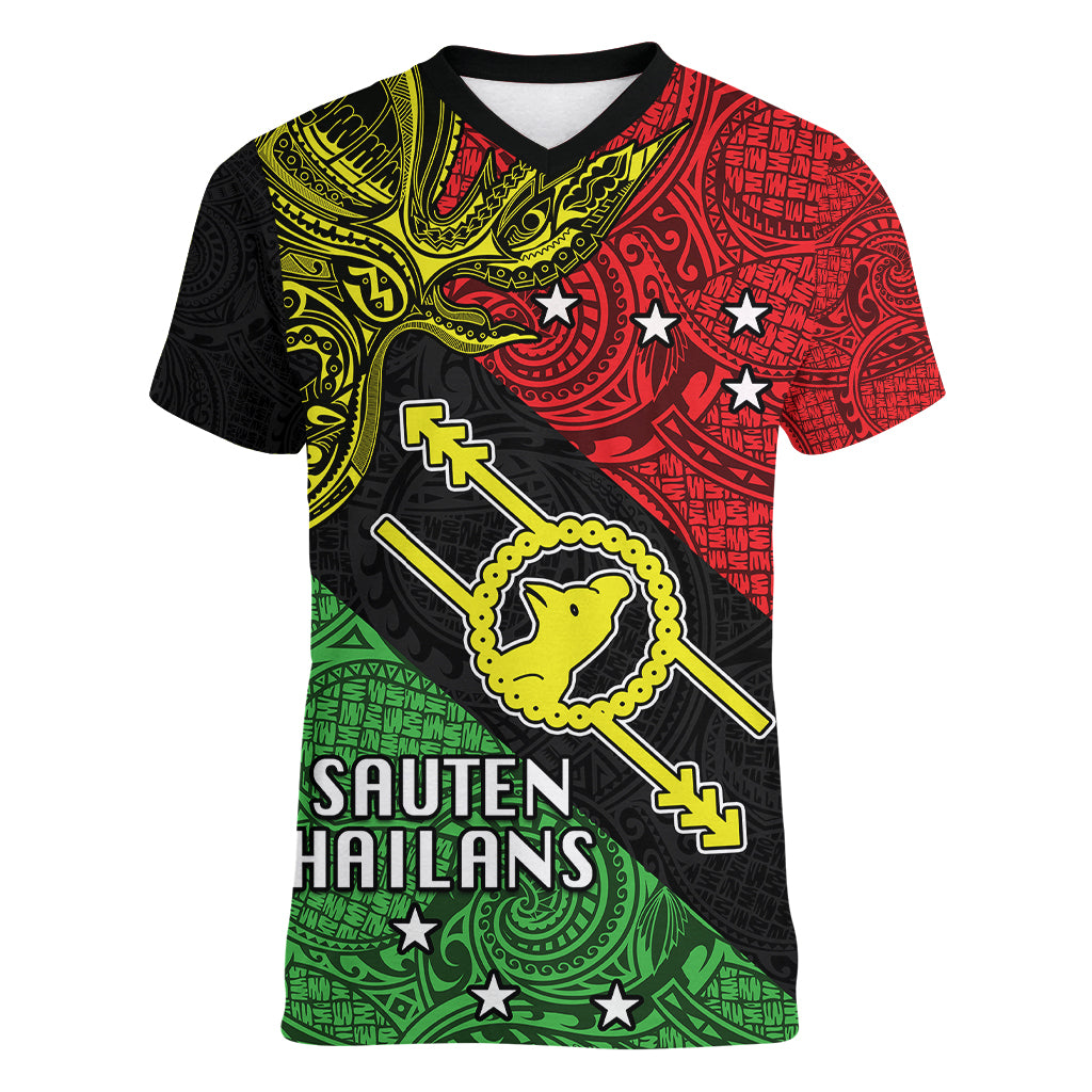 Personalised Papua New Guinea Southern Highlands Province Women V Neck T Shirt PNG Birds Of Paradise Polynesian Arty Style LT03 Female Black - Polynesian Pride