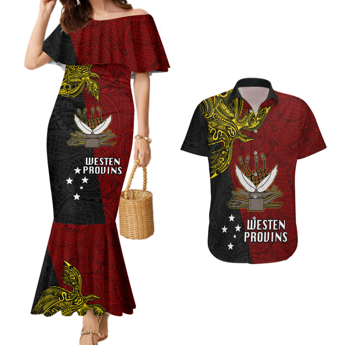 Papua New Guinea Western Province Couples Matching Mermaid Dress and Hawaiian Shirt PNG Birds Of Paradise Polynesian Arty Style LT03 Red - Polynesian Pride