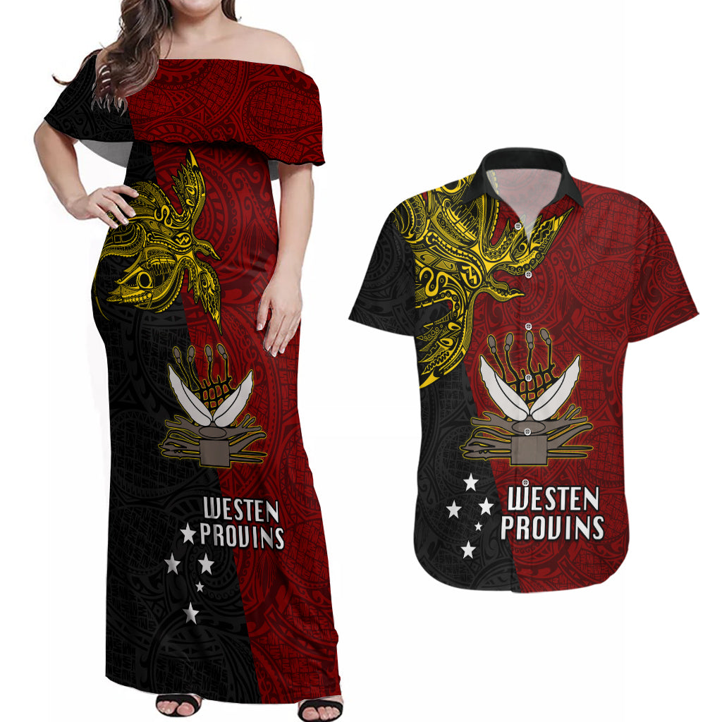 Papua New Guinea Western Province Couples Matching Off Shoulder Maxi Dress and Hawaiian Shirt PNG Birds Of Paradise Polynesian Arty Style LT03 Red - Polynesian Pride