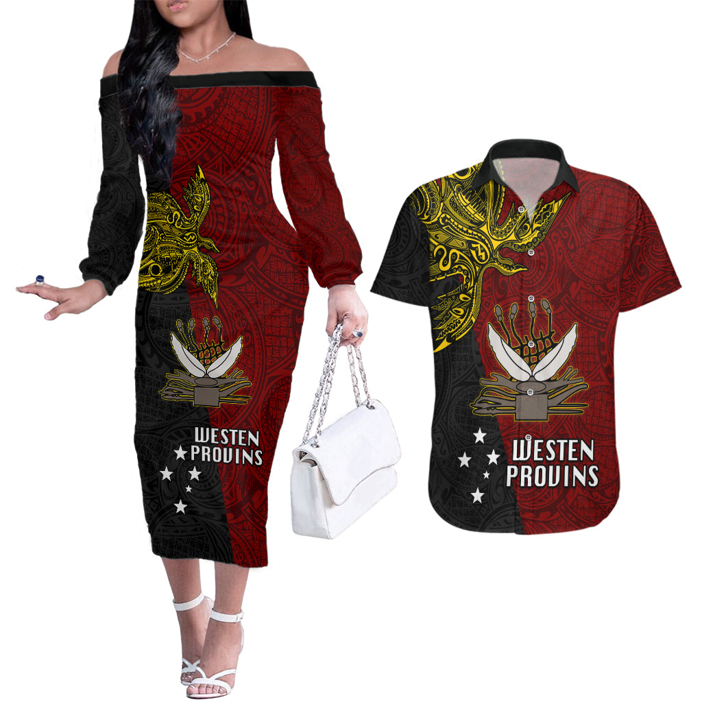 Papua New Guinea Western Province Couples Matching Off The Shoulder Long Sleeve Dress and Hawaiian Shirt PNG Birds Of Paradise Polynesian Arty Style LT03 Red - Polynesian Pride