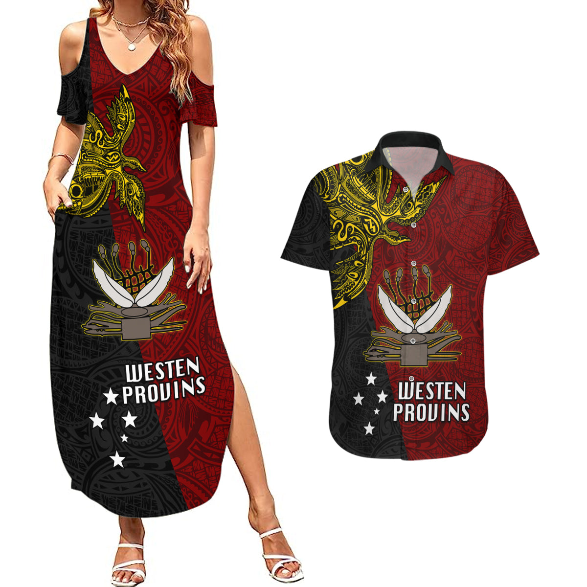 Papua New Guinea Western Province Couples Matching Summer Maxi Dress and Hawaiian Shirt PNG Birds Of Paradise Polynesian Arty Style LT03 Red - Polynesian Pride