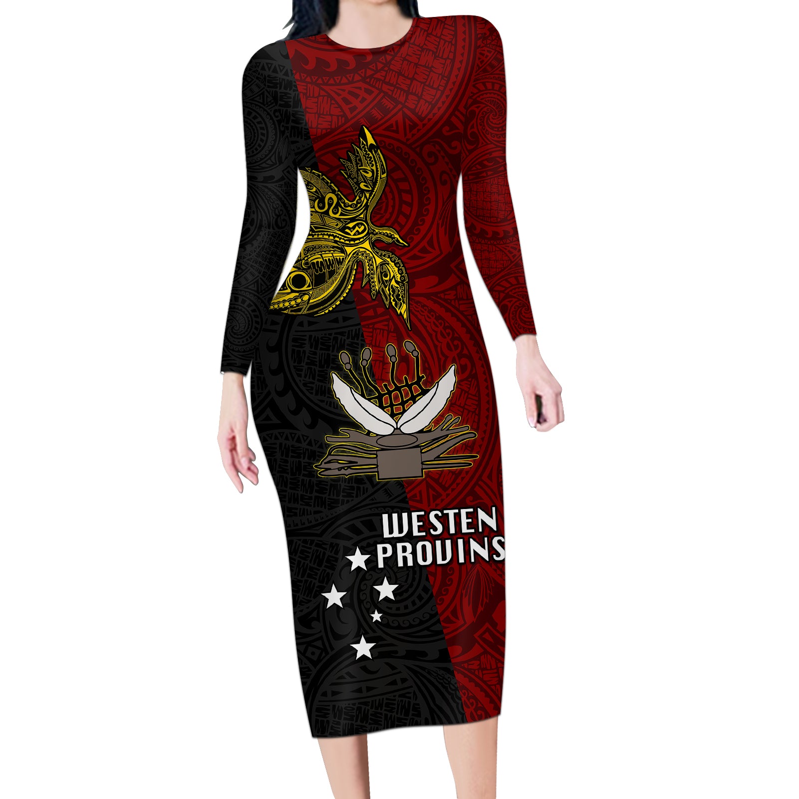 Papua New Guinea Western Province Long Sleeve Bodycon Dress PNG Birds Of Paradise Polynesian Arty Style LT03 Long Dress Red - Polynesian Pride