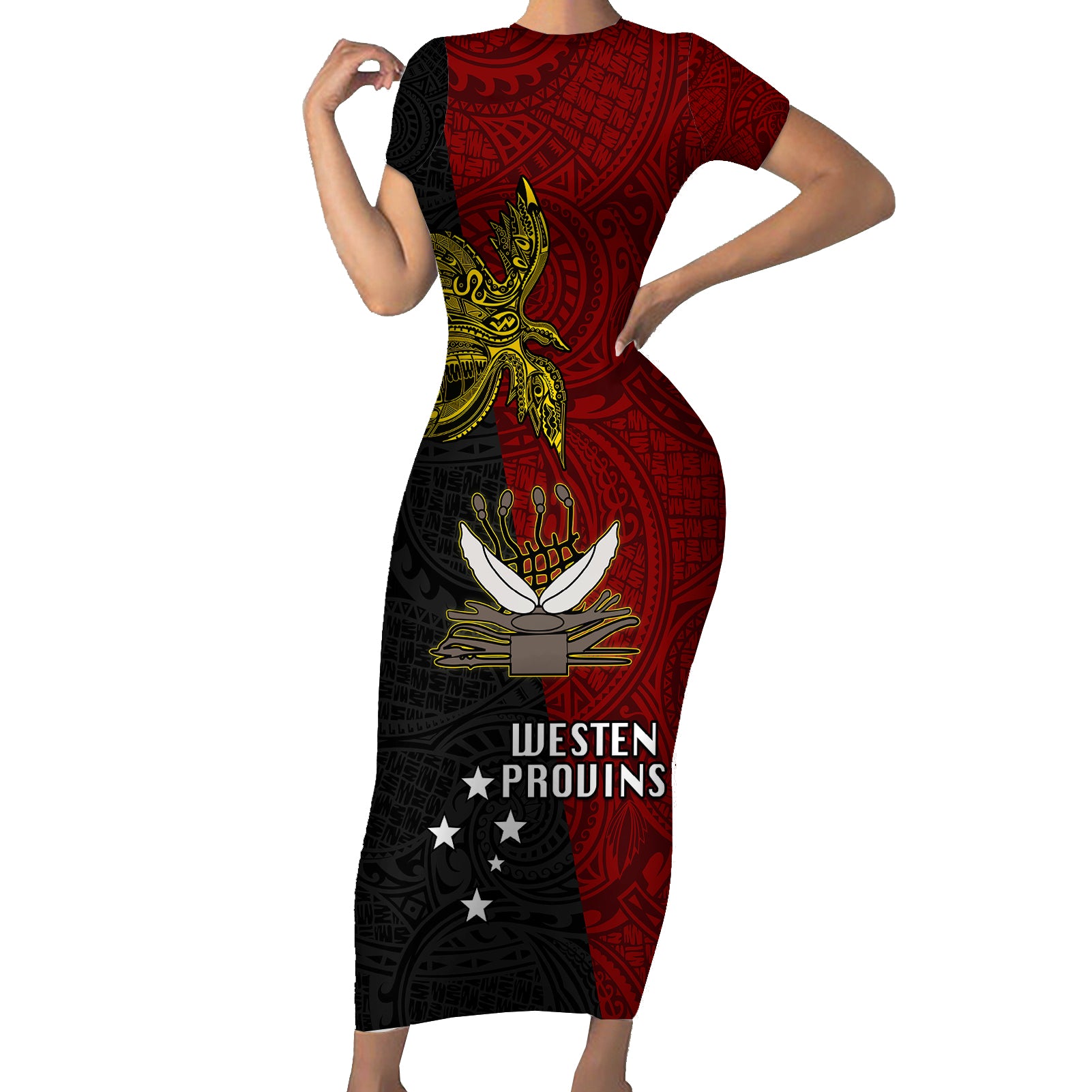 Papua New Guinea Western Province Short Sleeve Bodycon Dress PNG Birds Of Paradise Polynesian Arty Style LT03 Long Dress Red - Polynesian Pride