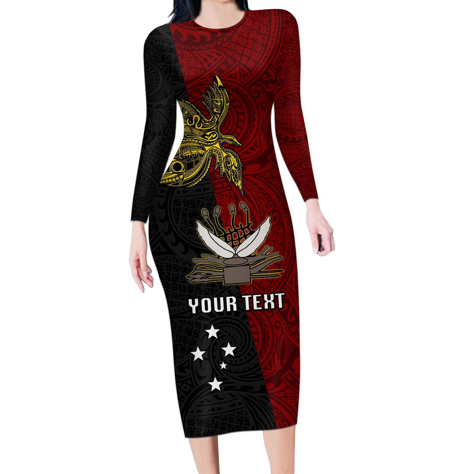 Personalised Papua New Guinea Western Province Long Sleeve Bodycon Dress PNG Birds Of Paradise Polynesian Arty Style LT03 Long Dress Red - Polynesian Pride