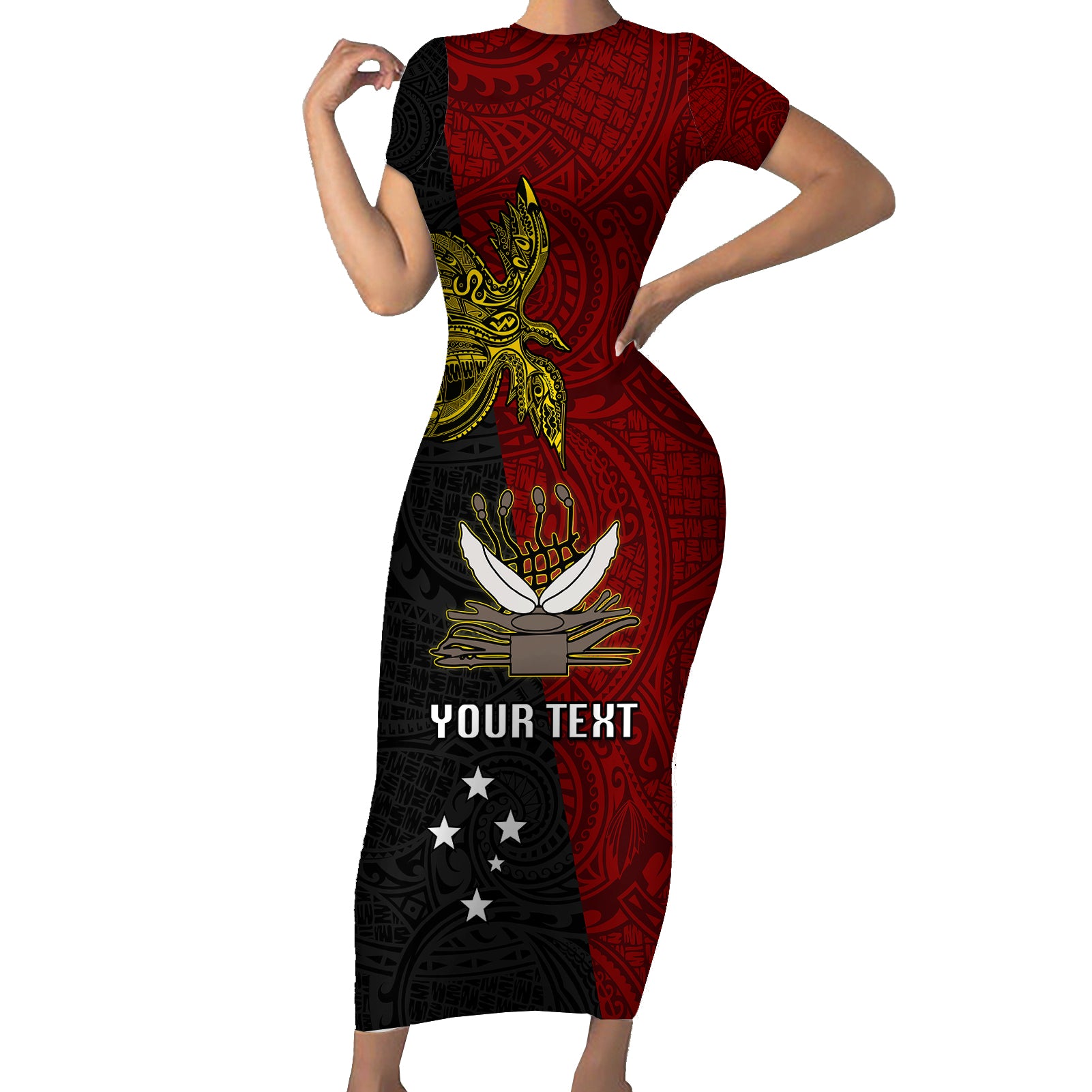 Personalised Papua New Guinea Western Province Short Sleeve Bodycon Dress PNG Birds Of Paradise Polynesian Arty Style LT03 Long Dress Red - Polynesian Pride