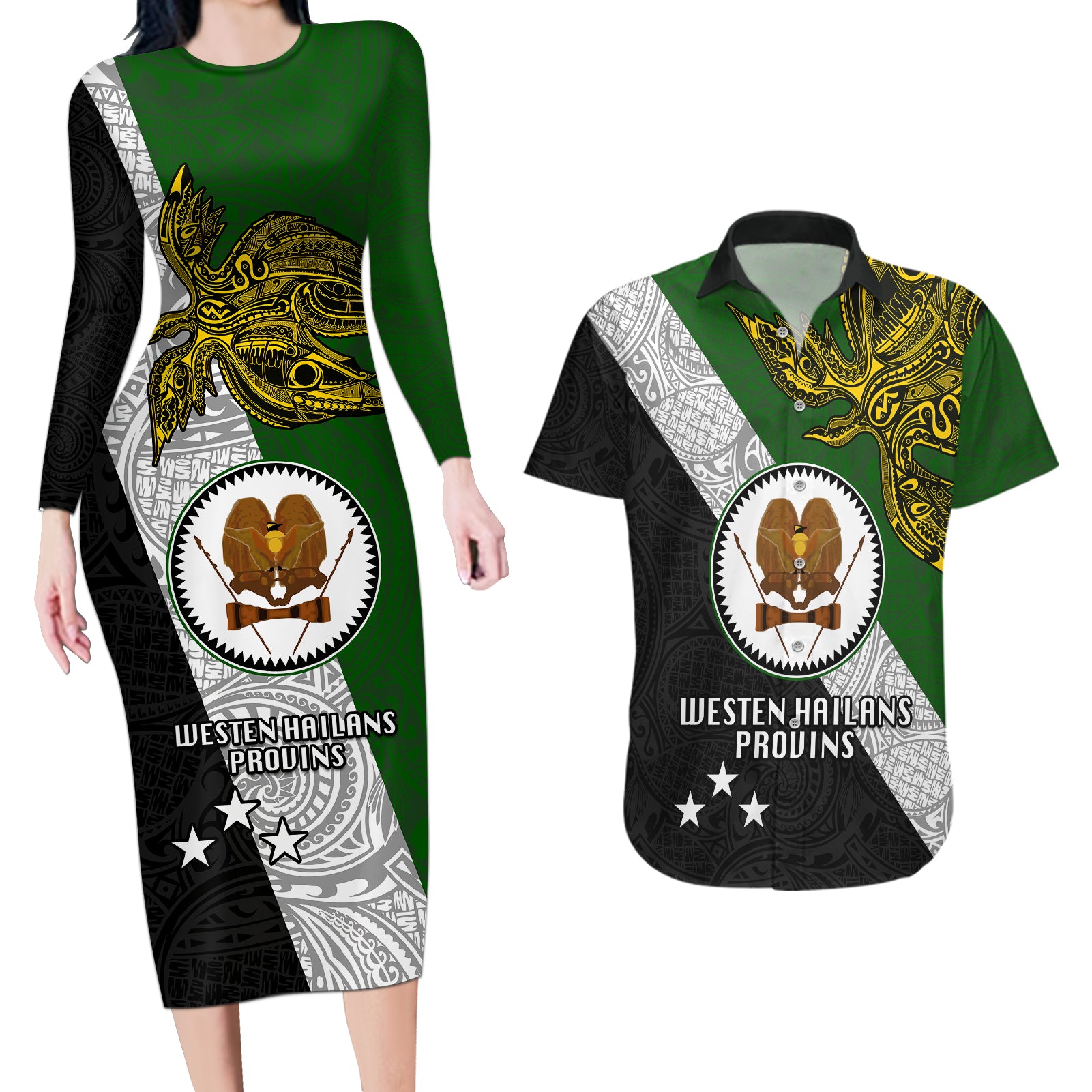 Papua New Guinea Western Highlands Province Couples Matching Long Sleeve Bodycon Dress and Hawaiian Shirt PNG Birds Of Paradise Polynesian Arty Style LT03 Green - Polynesian Pride