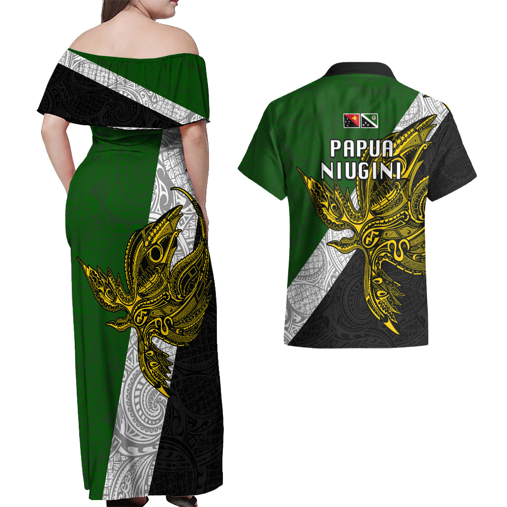 Papua New Guinea Western Highlands Province Couples Matching Off Shoulder Maxi Dress and Hawaiian Shirt PNG Birds Of Paradise Polynesian Arty Style LT03 - Polynesian Pride