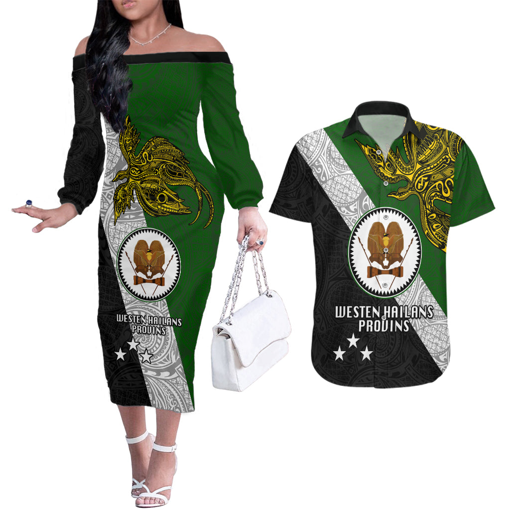 Papua New Guinea Western Highlands Province Couples Matching Off The Shoulder Long Sleeve Dress and Hawaiian Shirt PNG Birds Of Paradise Polynesian Arty Style LT03 Green - Polynesian Pride