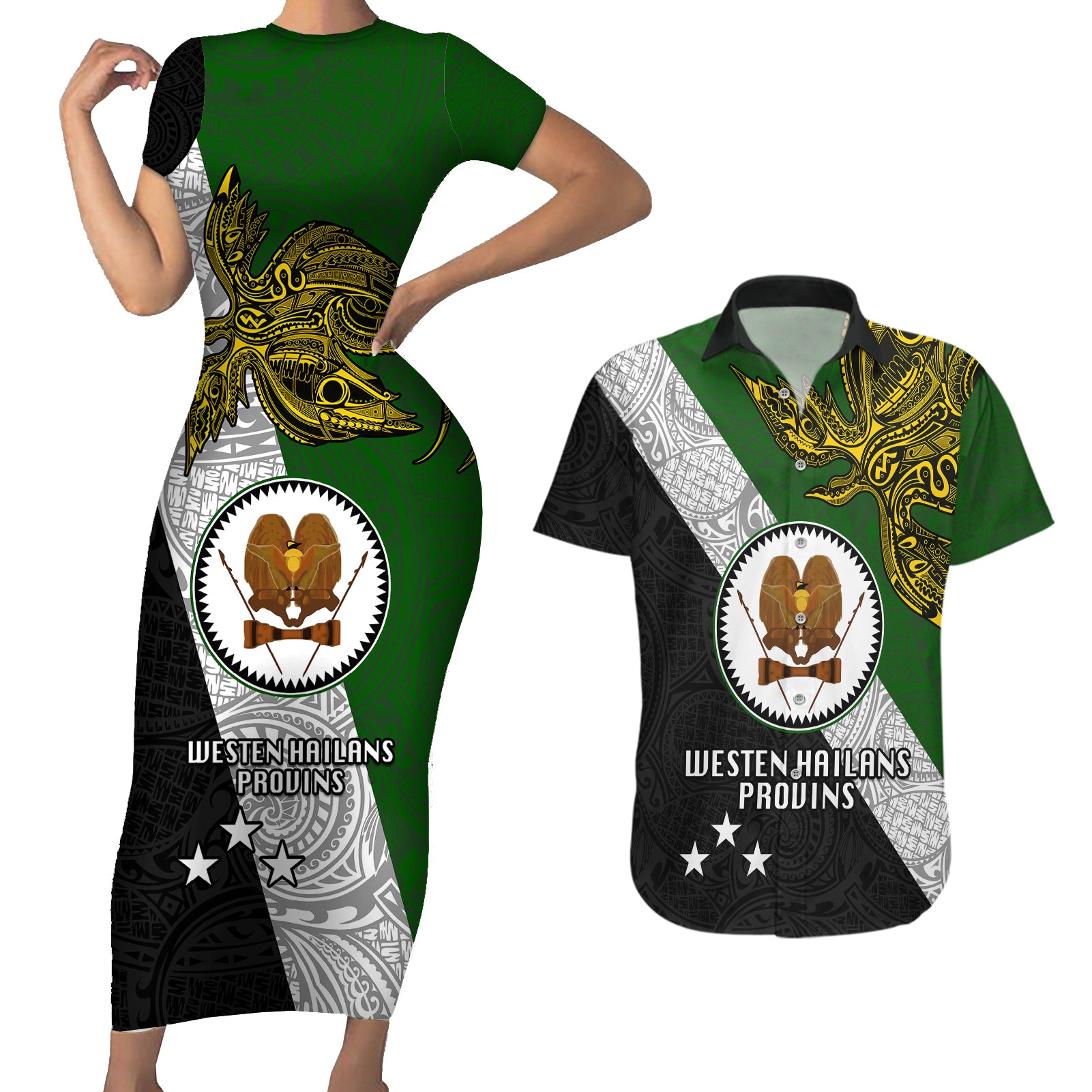 Papua New Guinea Western Highlands Province Couples Matching Short Sleeve Bodycon Dress and Hawaiian Shirt PNG Birds Of Paradise Polynesian Arty Style LT03 Green - Polynesian Pride