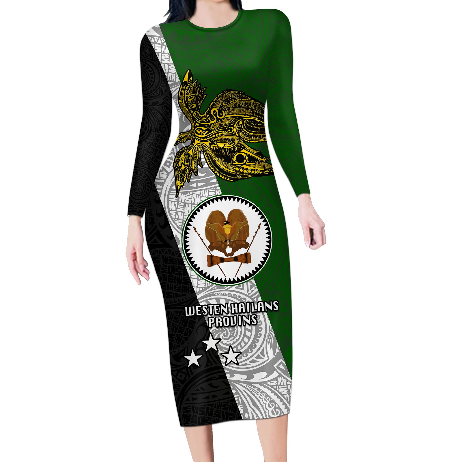 Papua New Guinea Western Highlands Province Long Sleeve Bodycon Dress PNG Birds Of Paradise Polynesian Arty Style LT03 Long Dress Green - Polynesian Pride