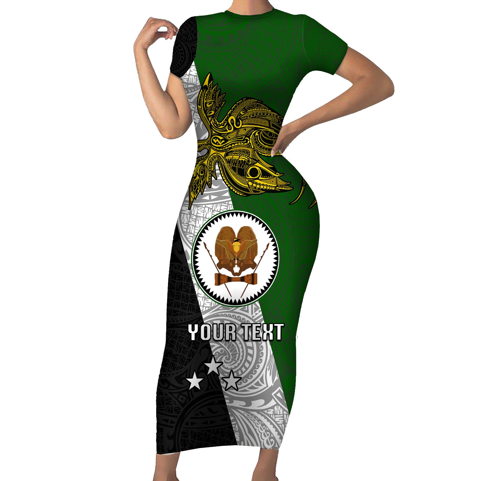 Personalised Papua New Guinea Western Highlands Province Short Sleeve Bodycon Dress PNG Birds Of Paradise Polynesian Arty Style LT03 Long Dress Green - Polynesian Pride