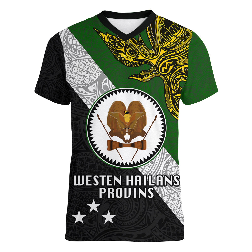 Personalised Papua New Guinea Western Highlands Province Women V Neck T Shirt PNG Birds Of Paradise Polynesian Arty Style LT03 Female Green - Polynesian Pride