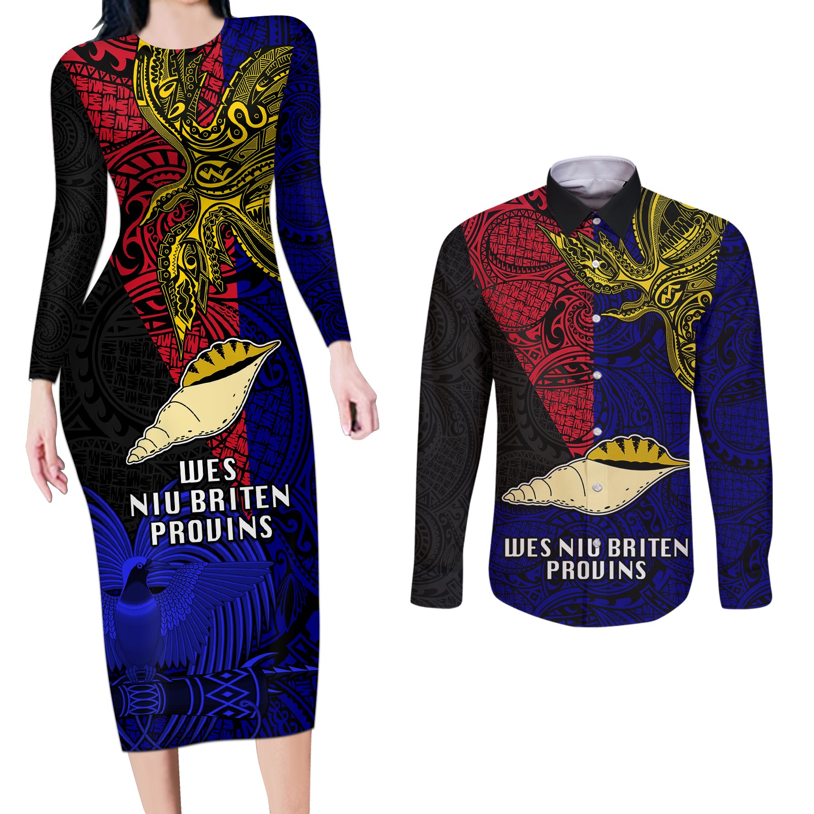 Papua New Guinea West New Britain Province Couples Matching Long Sleeve Bodycon Dress and Long Sleeve Button Shirts PNG Birds Of Paradise Polynesian Arty Style LT03 Blue - Polynesian Pride