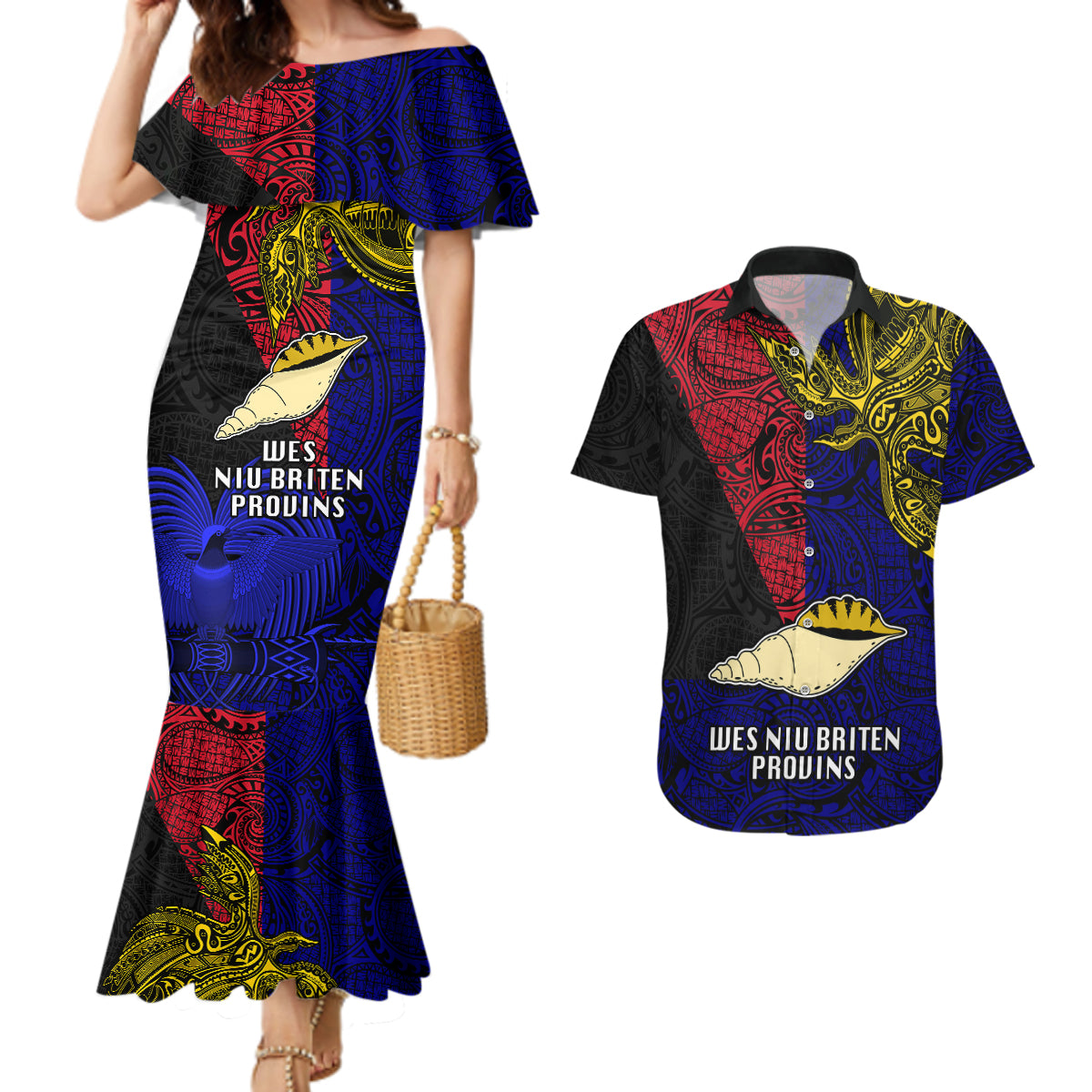 Papua New Guinea West New Britain Province Couples Matching Mermaid Dress and Hawaiian Shirt PNG Birds Of Paradise Polynesian Arty Style LT03 Blue - Polynesian Pride