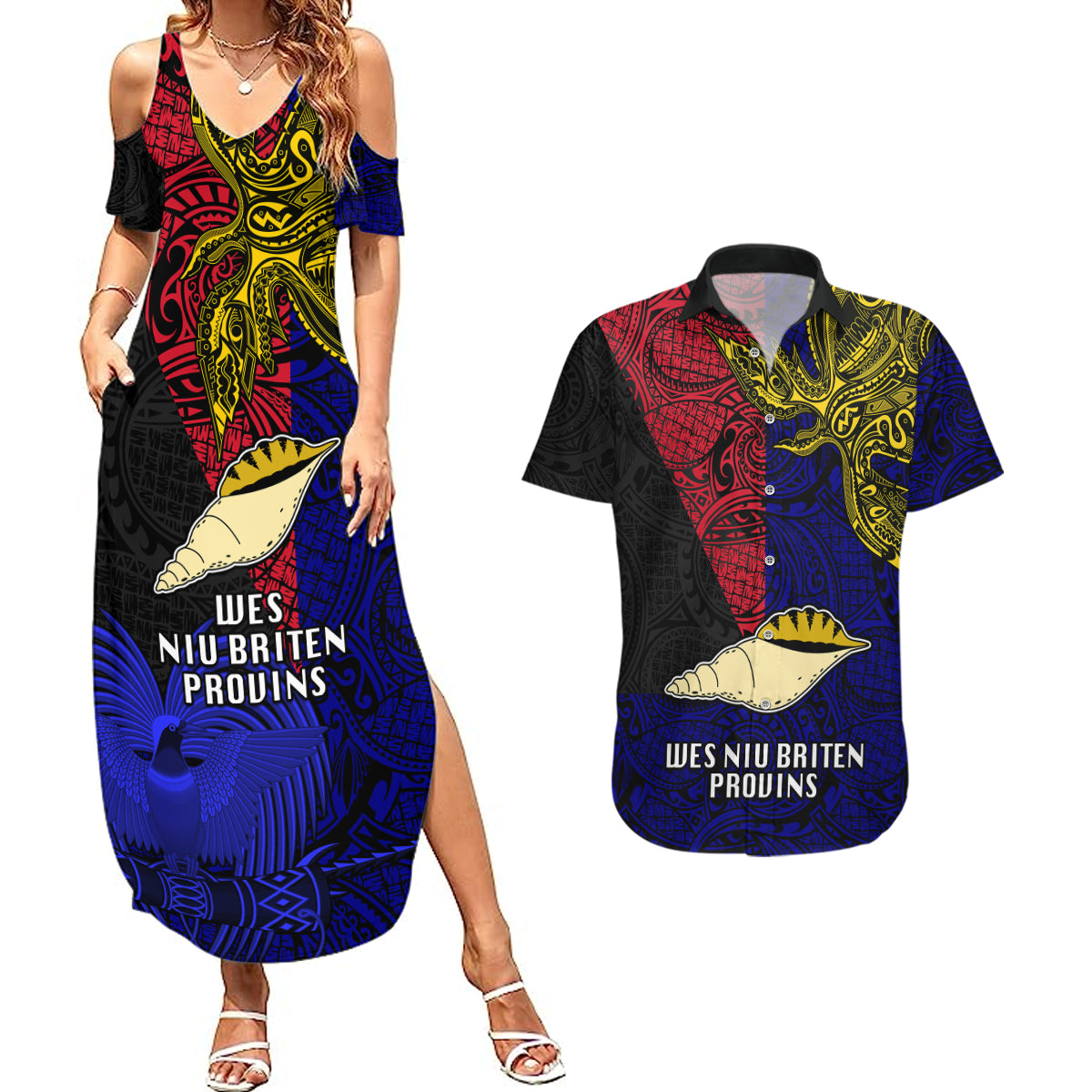 Papua New Guinea West New Britain Province Couples Matching Summer Maxi Dress and Hawaiian Shirt PNG Birds Of Paradise Polynesian Arty Style LT03 Blue - Polynesian Pride