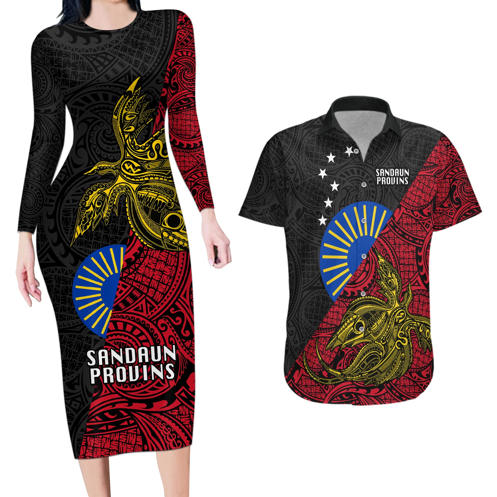 Papua New Guinea Sandaun Province Couples Matching Long Sleeve Bodycon Dress and Hawaiian Shirt PNG Birds Of Paradise Polynesian Arty Style LT03 Red - Polynesian Pride