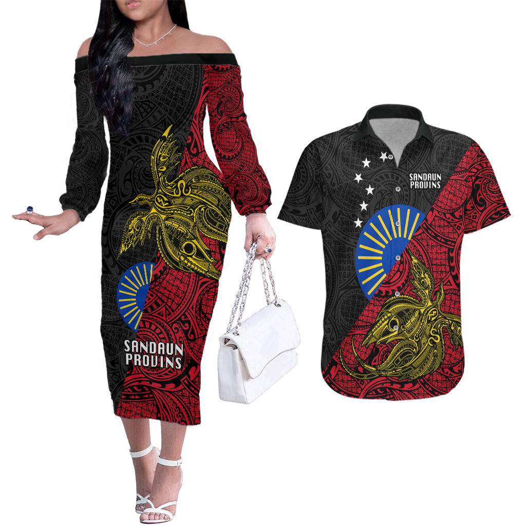 Papua New Guinea Sandaun Province Couples Matching Off The Shoulder Long Sleeve Dress and Hawaiian Shirt PNG Birds Of Paradise Polynesian Arty Style LT03 Red - Polynesian Pride