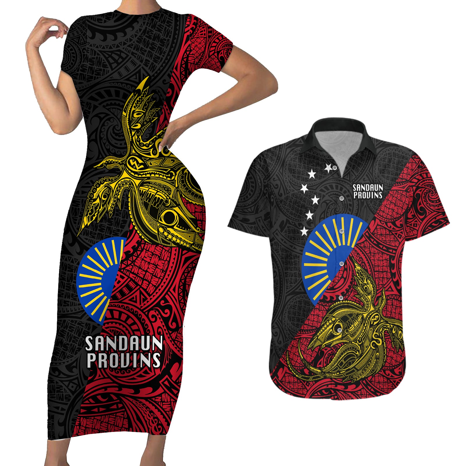 Papua New Guinea Sandaun Province Couples Matching Short Sleeve Bodycon Dress and Hawaiian Shirt PNG Birds Of Paradise Polynesian Arty Style LT03 Red - Polynesian Pride