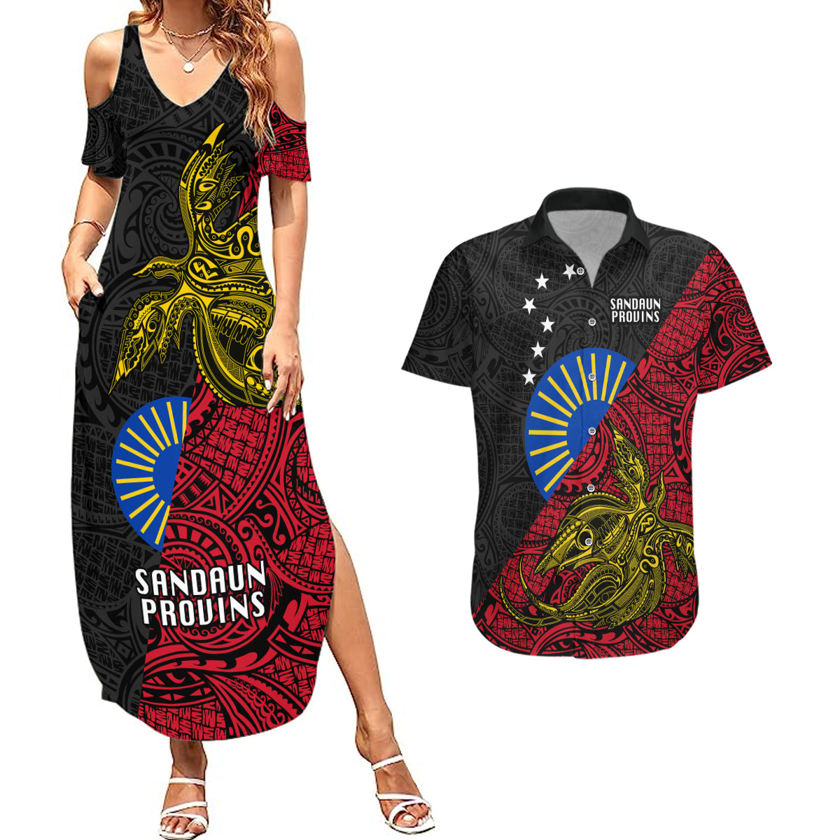 Papua New Guinea Sandaun Province Couples Matching Summer Maxi Dress and Hawaiian Shirt PNG Birds Of Paradise Polynesian Arty Style LT03 Red - Polynesian Pride