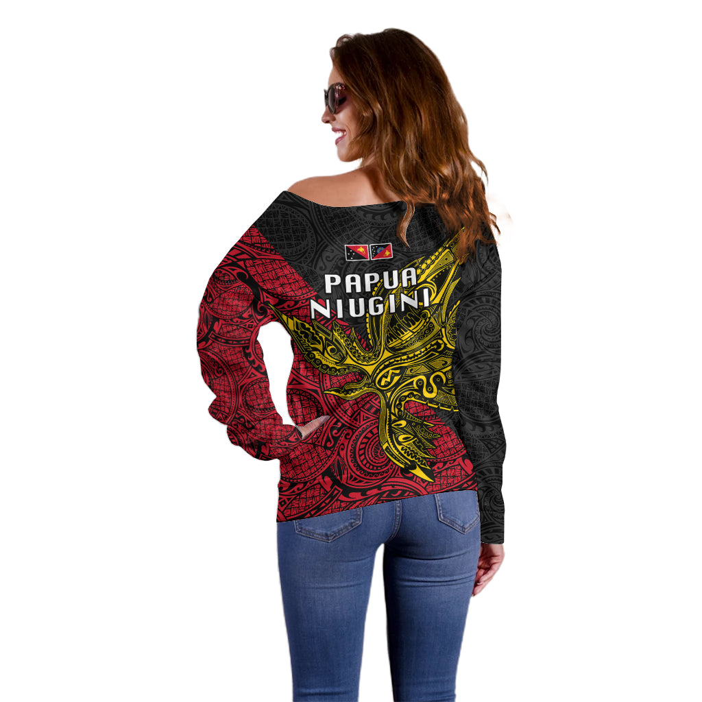 Papua New Guinea Sandaun Province Off Shoulder Sweater PNG Birds Of Paradise Polynesian Arty Style LT03 - Polynesian Pride