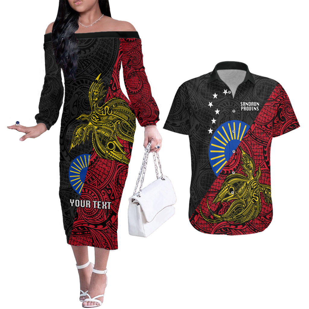 Personalised Papua New Guinea Sandaun Province Couples Matching Off The Shoulder Long Sleeve Dress and Hawaiian Shirt PNG Birds Of Paradise Polynesian Arty Style LT03 Red - Polynesian Pride