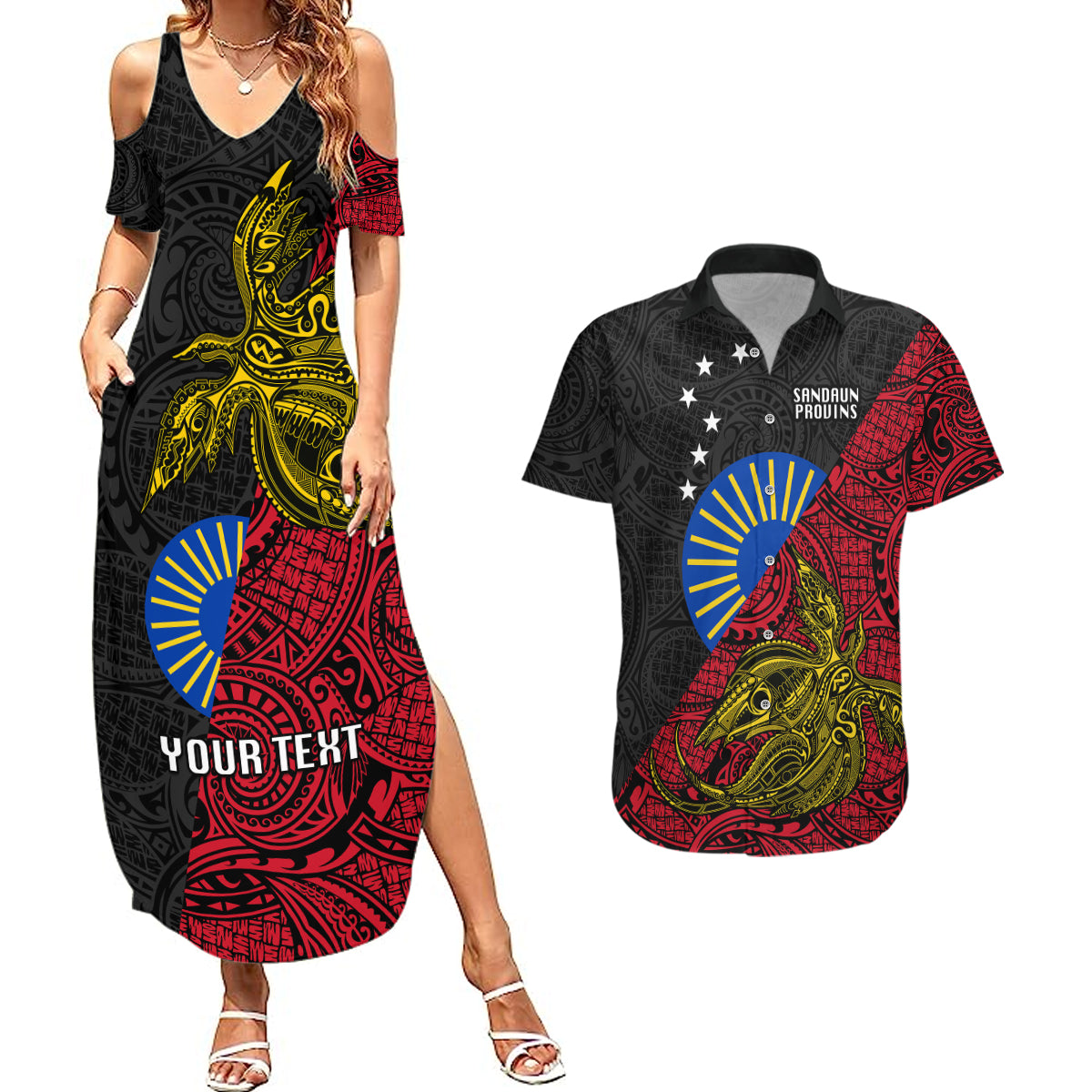 Personalised Papua New Guinea Sandaun Province Couples Matching Summer Maxi Dress and Hawaiian Shirt PNG Birds Of Paradise Polynesian Arty Style LT03 Red - Polynesian Pride