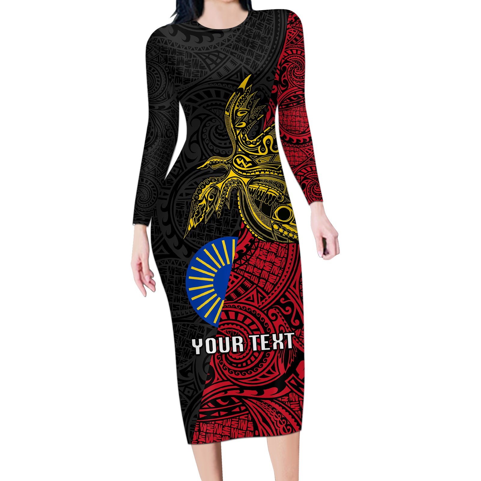 Personalised Papua New Guinea Sandaun Province Long Sleeve Bodycon Dress PNG Birds Of Paradise Polynesian Arty Style LT03 Long Dress Red - Polynesian Pride