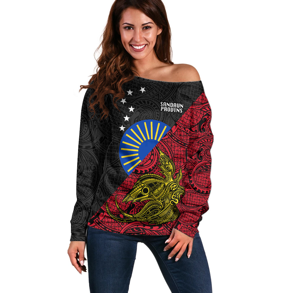 Personalised Papua New Guinea Sandaun Province Off Shoulder Sweater PNG Birds Of Paradise Polynesian Arty Style LT03 Women Red - Polynesian Pride