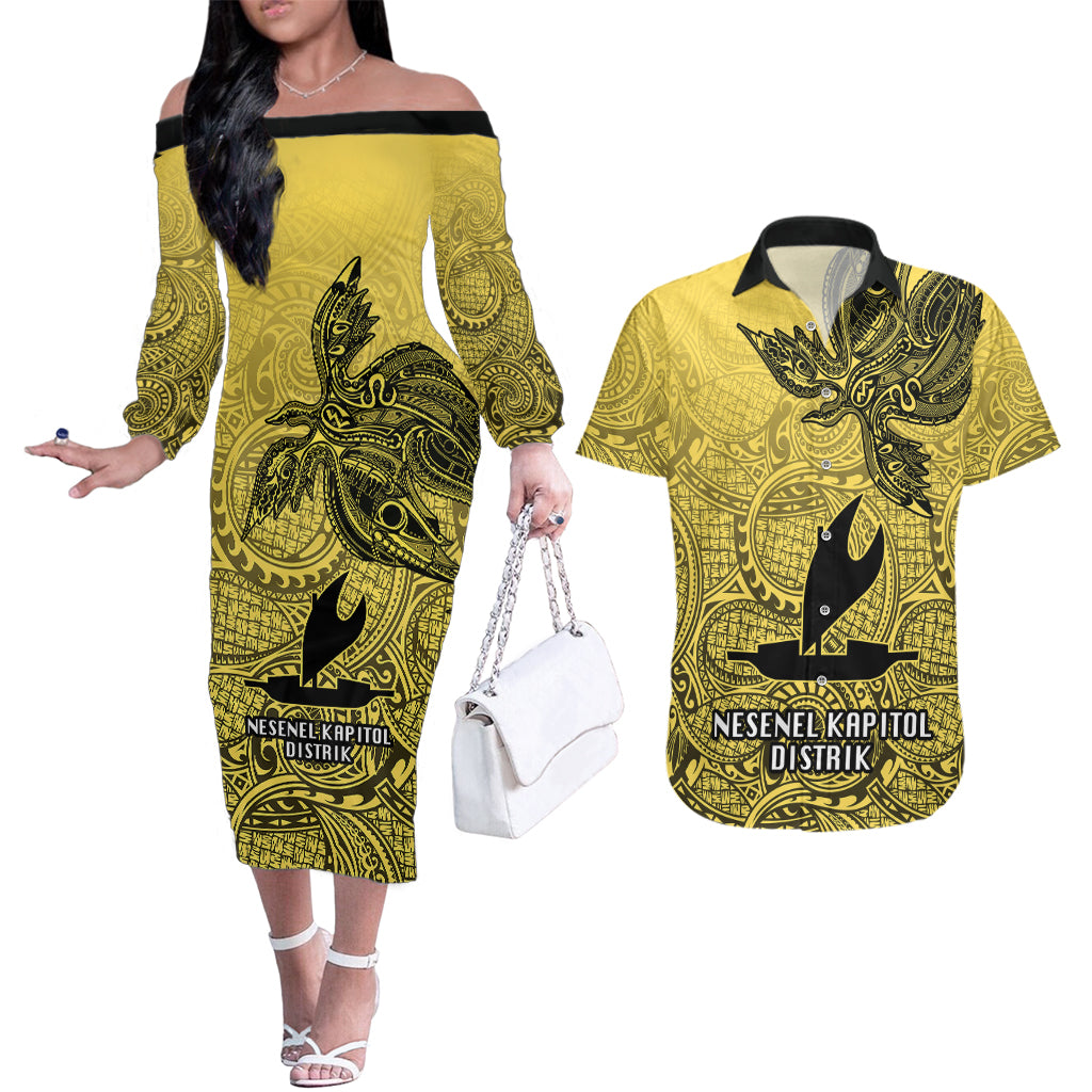 Papua New Guinea National Capital District Couples Matching Off The Shoulder Long Sleeve Dress and Hawaiian Shirt PNG Birds Of Paradise Polynesian Arty Style LT03 Yellow - Polynesian Pride