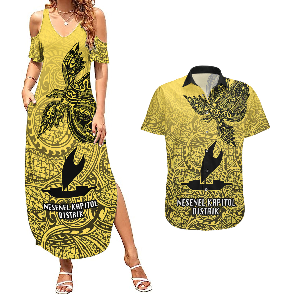 Papua New Guinea National Capital District Couples Matching Summer Maxi Dress and Hawaiian Shirt PNG Birds Of Paradise Polynesian Arty Style LT03 Yellow - Polynesian Pride