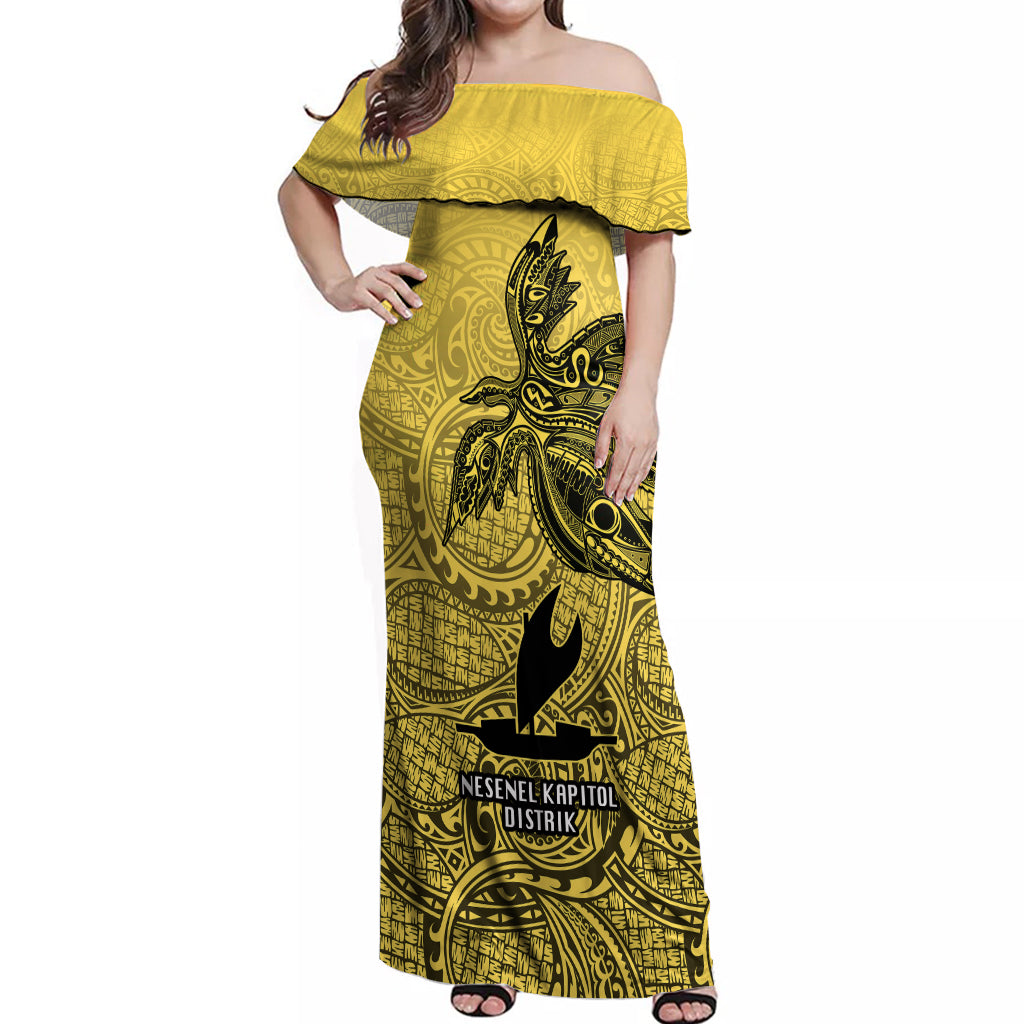 Papua New Guinea National Capital District Off Shoulder Maxi Dress PNG Birds Of Paradise Polynesian Arty Style LT03 Women Yellow - Polynesian Pride