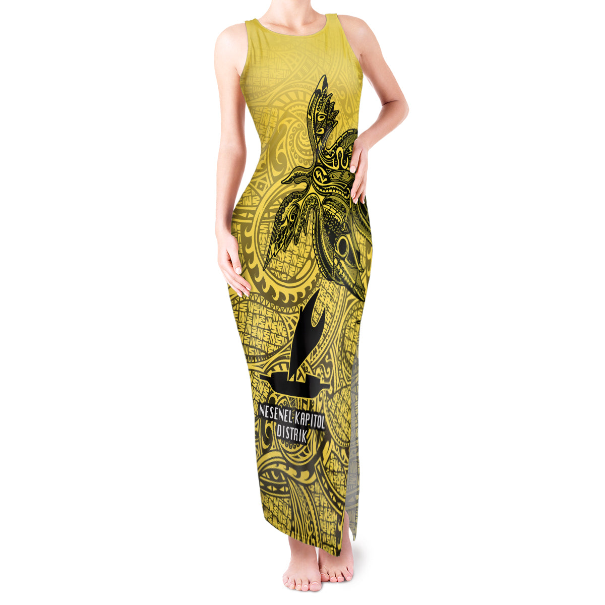 Papua New Guinea National Capital District Tank Maxi Dress PNG Birds Of Paradise Polynesian Arty Style LT03 Women Yellow - Polynesian Pride