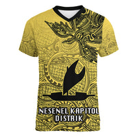 Papua New Guinea National Capital District Women V Neck T Shirt PNG Birds Of Paradise Polynesian Arty Style LT03 Female Yellow - Polynesian Pride