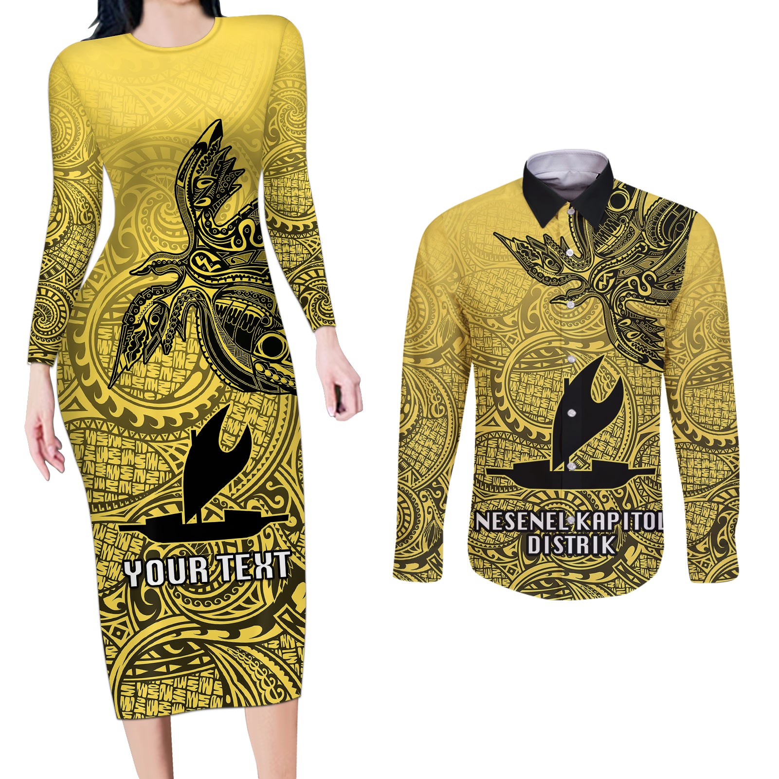 Personalised Papua New Guinea National Capital District Couples Matching Long Sleeve Bodycon Dress and Long Sleeve Button Shirts PNG Birds Of Paradise Polynesian Arty Style LT03 Yellow - Polynesian Pride