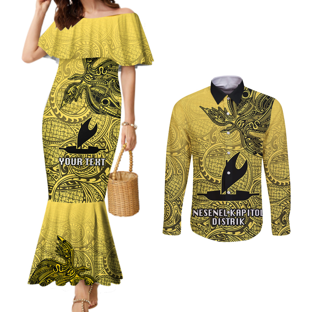 Personalised Papua New Guinea National Capital District Couples Matching Mermaid Dress and Long Sleeve Button Shirts PNG Birds Of Paradise Polynesian Arty Style LT03 Yellow - Polynesian Pride