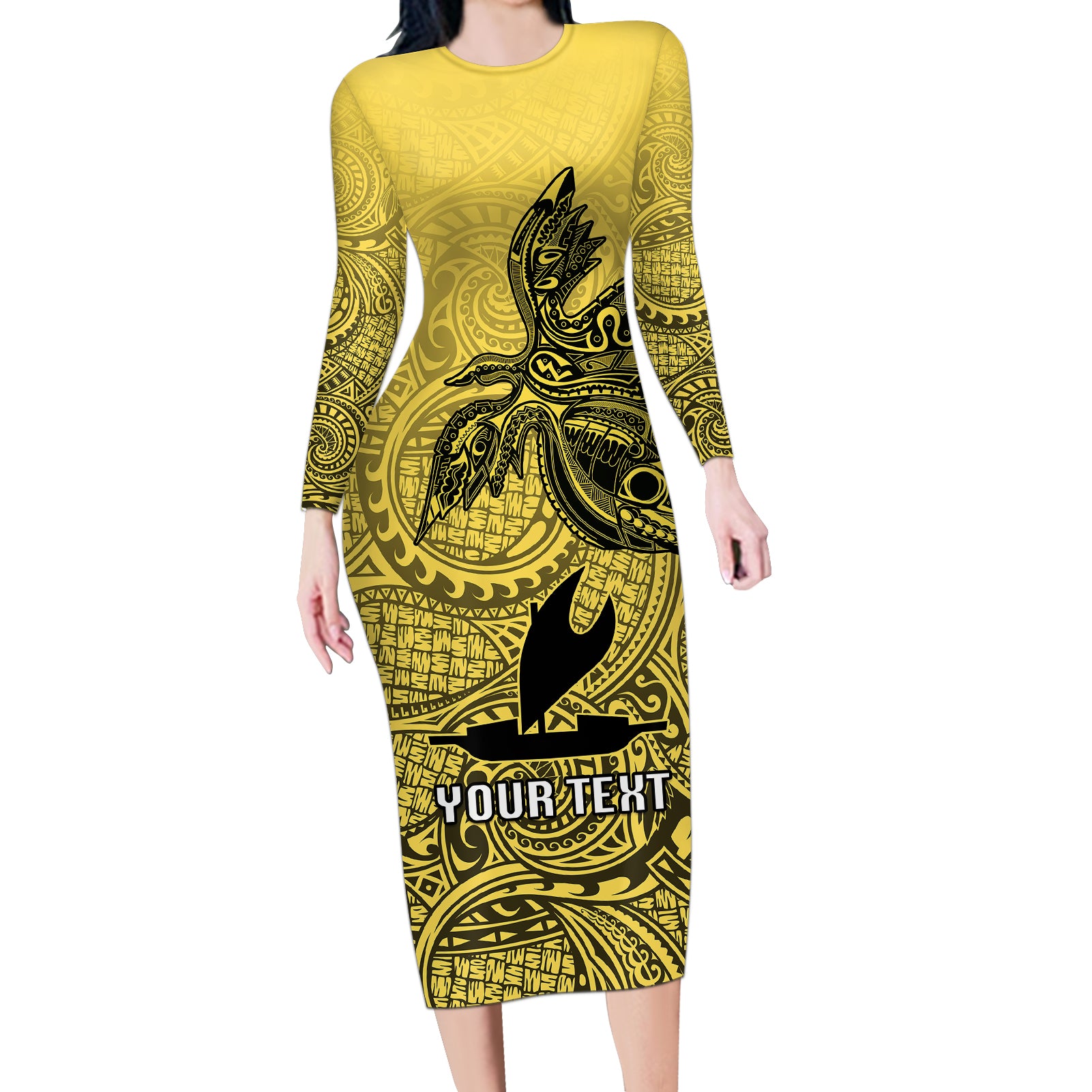 Personalised Papua New Guinea National Capital District Long Sleeve Bodycon Dress PNG Birds Of Paradise Polynesian Arty Style LT03 Long Dress Yellow - Polynesian Pride