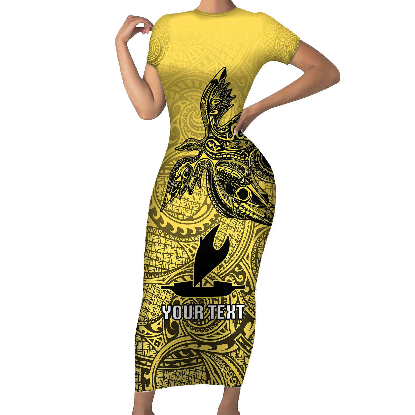 Personalised Papua New Guinea National Capital District Short Sleeve Bodycon Dress PNG Birds Of Paradise Polynesian Arty Style LT03 Long Dress Yellow - Polynesian Pride