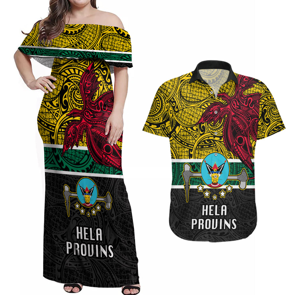 Papua New Guinea Hela Province Couples Matching Off Shoulder Maxi Dress and Hawaiian Shirt PNG Birds Of Paradise Polynesian Arty Style LT03 Yellow - Polynesian Pride