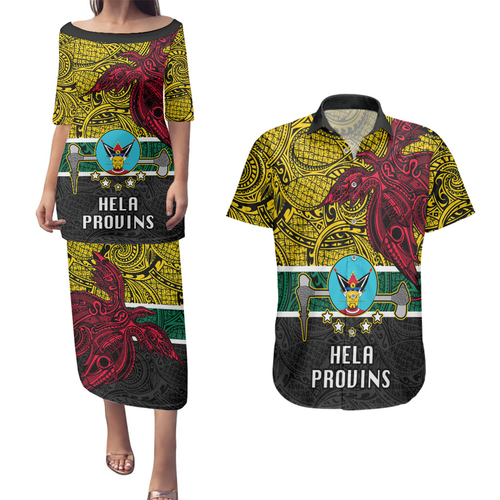 Papua New Guinea Hela Province Couples Matching Puletasi Dress and Hawaiian Shirt PNG Birds Of Paradise Polynesian Arty Style LT03 Yellow - Polynesian Pride