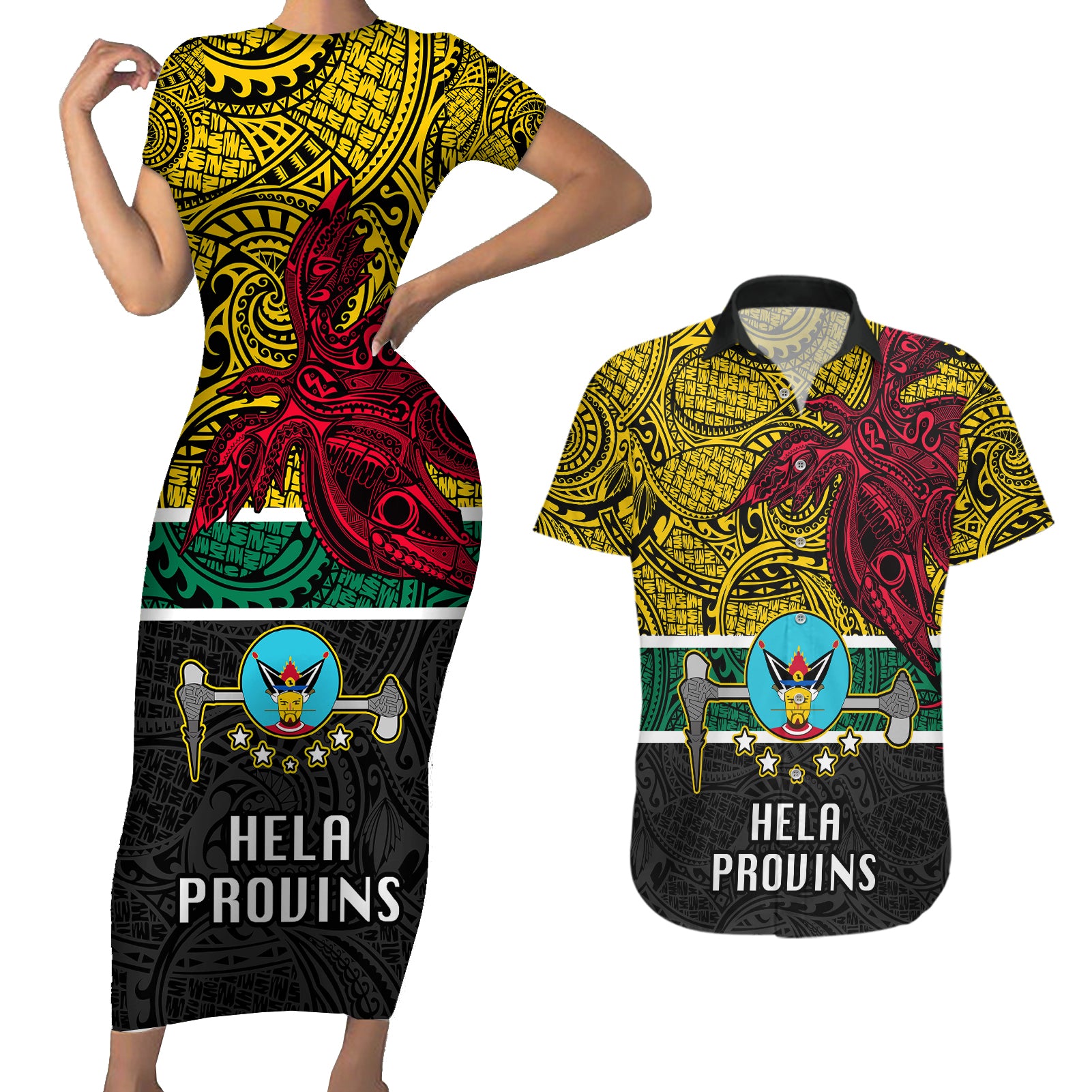 Papua New Guinea Hela Province Couples Matching Short Sleeve Bodycon Dress and Hawaiian Shirt PNG Birds Of Paradise Polynesian Arty Style LT03 Yellow - Polynesian Pride