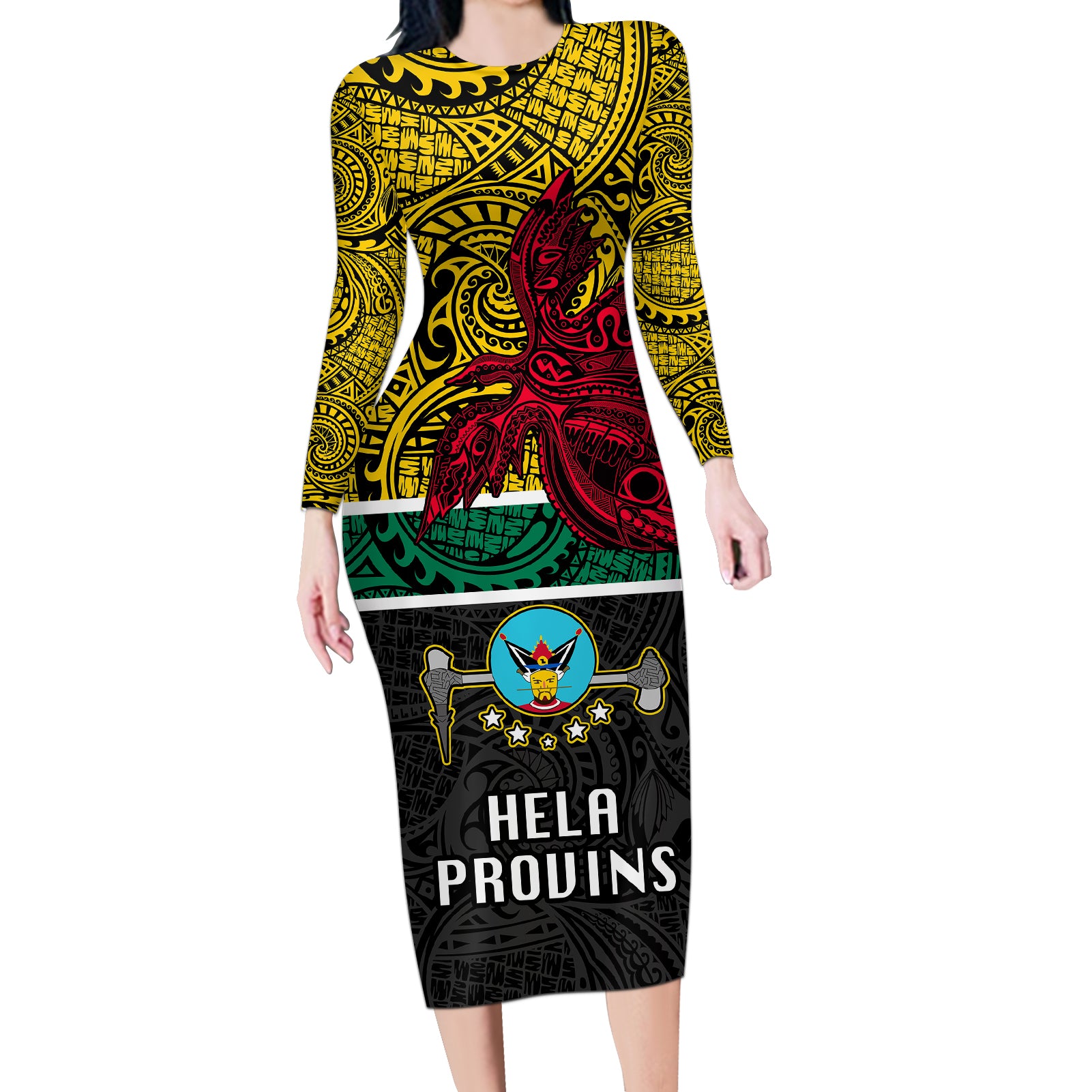 Papua New Guinea Hela Province Long Sleeve Bodycon Dress PNG Birds Of Paradise Polynesian Arty Style LT03 Long Dress Yellow - Polynesian Pride