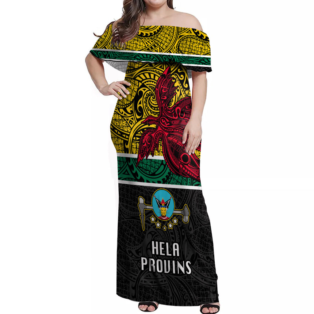 Papua New Guinea Hela Province Off Shoulder Maxi Dress PNG Birds Of Paradise Polynesian Arty Style LT03 Women Yellow - Polynesian Pride