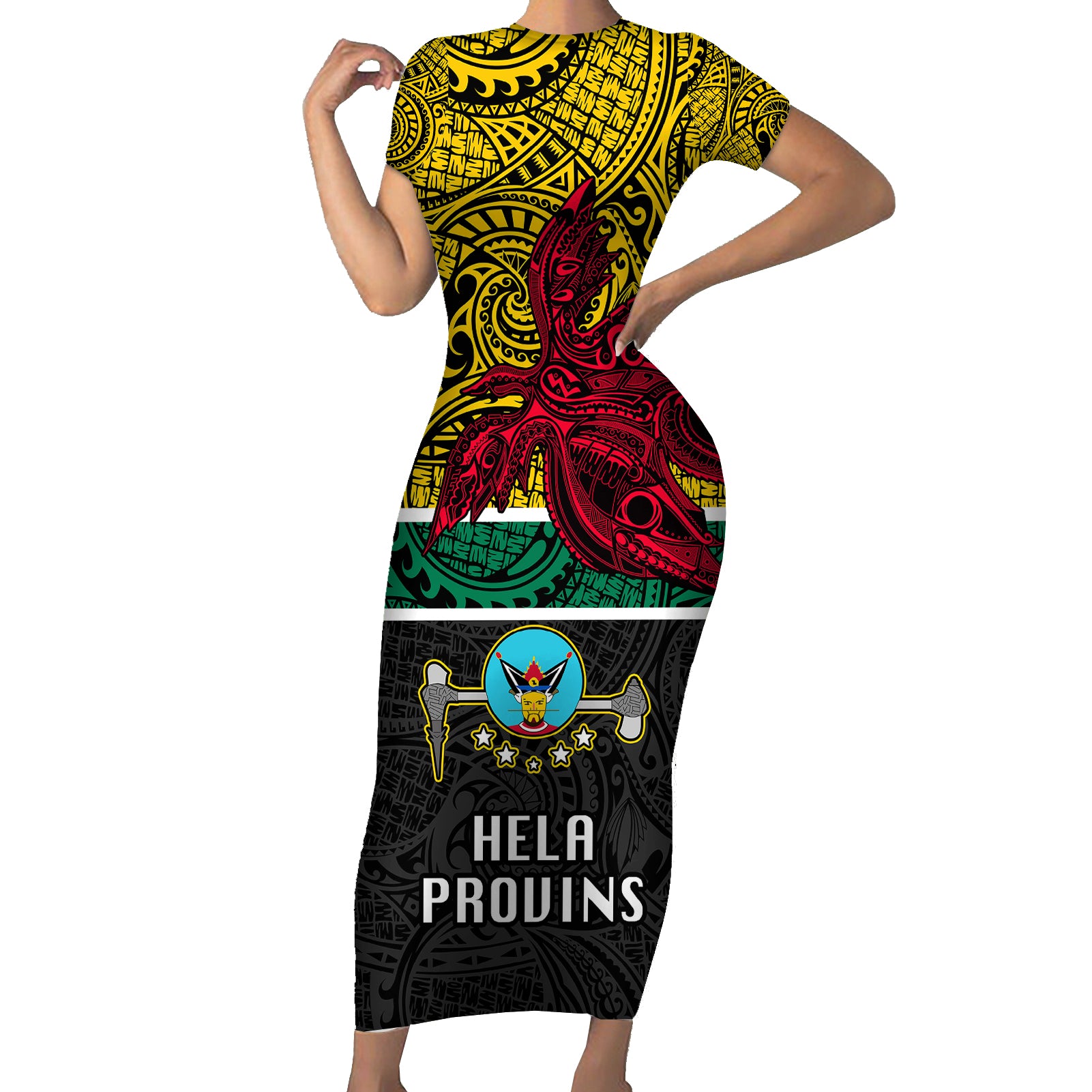 Papua New Guinea Hela Province Short Sleeve Bodycon Dress PNG Birds Of Paradise Polynesian Arty Style LT03 Long Dress Yellow - Polynesian Pride